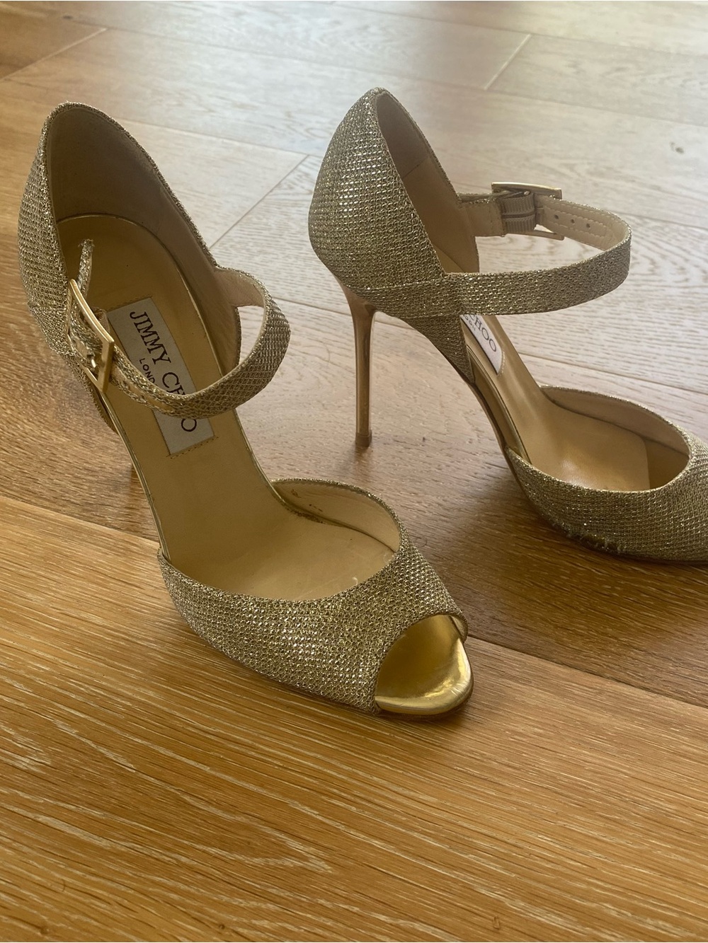 Jimmy Choo Metallic Gold Lace Glitter Peep-Toe Ankle-Strap Stilettos